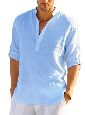 Casual Men's Cotton Linen Shirts 2022 Summer Loose Long Slee