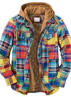 Mens Autumn Winter Jacket Harajuku Plaid Hooded Zipper Long