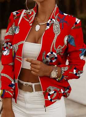 2021 Flower Print Long Sleeve Women's Bomber Jacket Fashion