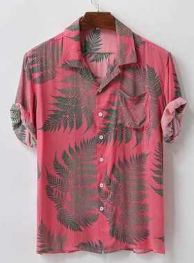 Men's Colorful Summer Short Sleeve Loose Buttons Casual Shir