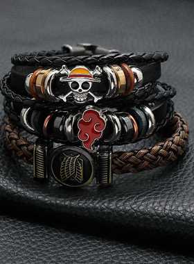 Classic Anime Luffy Skull Bracelet men's Brown Weave Leather