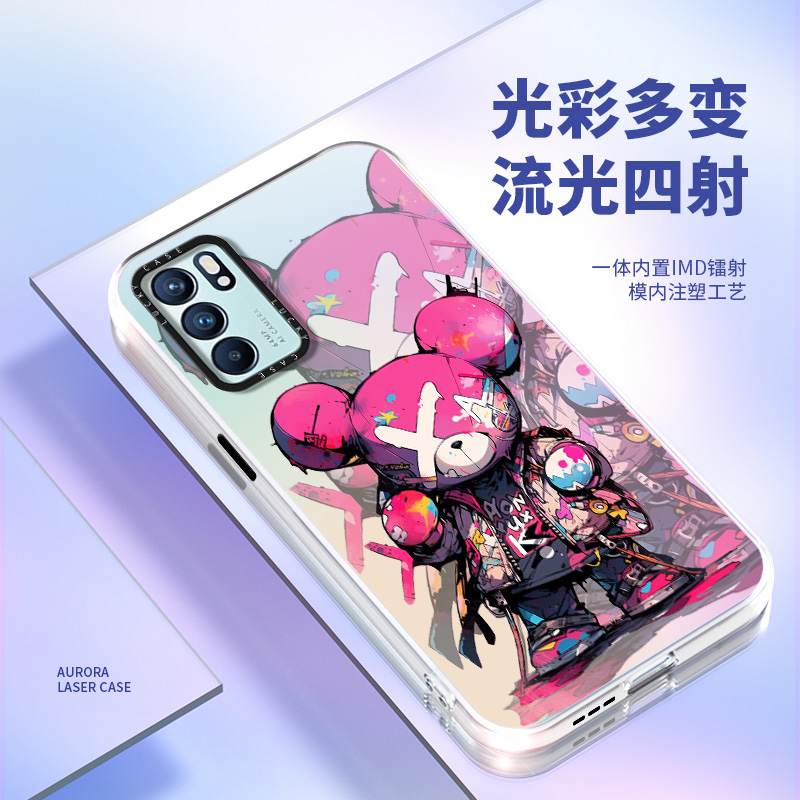 opporeno6手机壳新款reno5适用6pro高级感多彩熊镭射壳reno7外壳Pro创意女款个性保护套高端防摔硅胶潮牌男款 - 图2