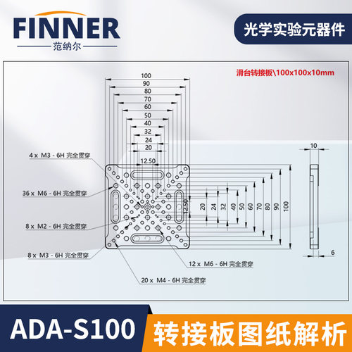 ADA-S系列 位移滑台转接板光学面包板带M2M3M4M6螺纹孔矩阵多孔板 - 图3