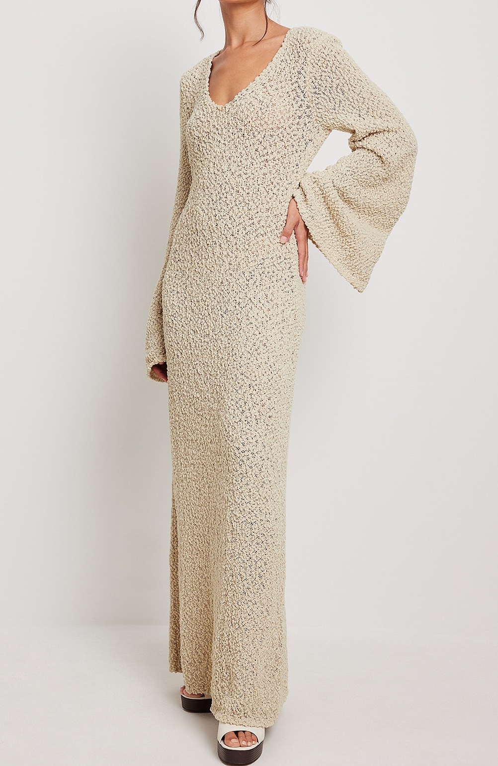 Solid color U-neck sweater long dress纯色高腰U领长袖毛衣长裙 - 图1