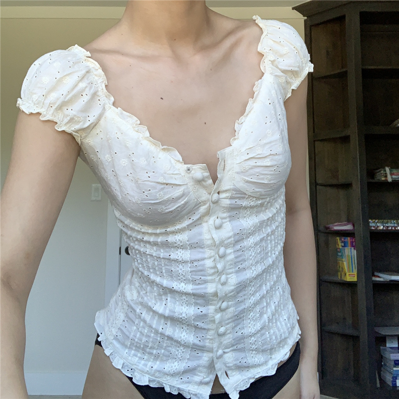 Pleated shoulder button lace bodice褶皱挂肩扣子花边紧身上衣-图0