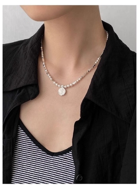 不规则碎银子珍珠项链女2024新款玫瑰花滴釉吊坠小众设计感锁骨链