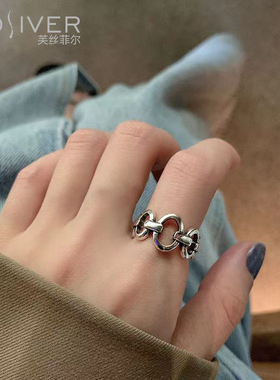 925纯银黑玛瑙食指戒指女ins潮酷设计感复古镂空圆环开口时尚指环