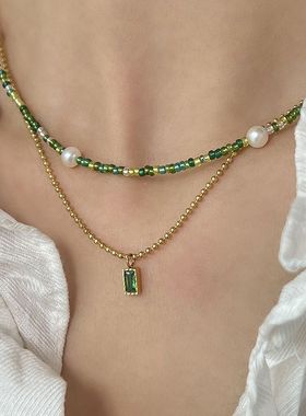 清新绿色森系串珠项链女小众设计冷淡风珍珠锁骨链简约百搭配饰品