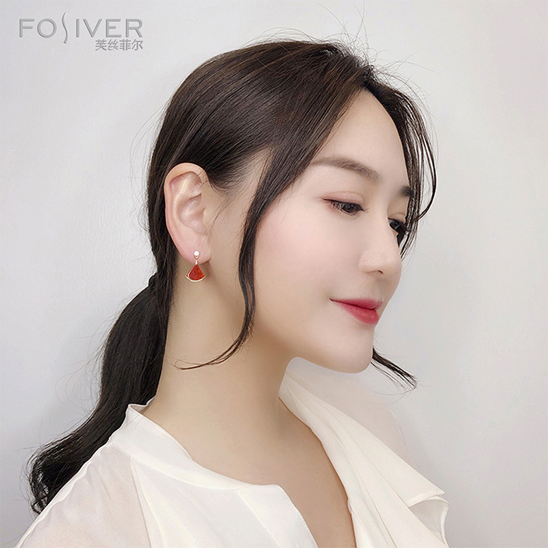 S925纯银扇形小裙子耳环女红玛瑙白贝母孔雀石耳饰轻奢小众高级感