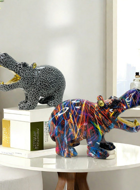 北欧创意炫彩大嘴河马摆件家居客厅办公室桌面动物树脂工艺品装饰