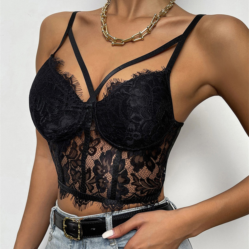 Sexy Lace Perspective Hollow Strap Top 蕾丝透视镂空吊带上衣 - 图3