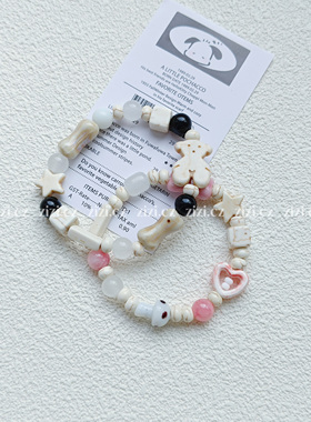 zizicz 马卡龙海边甜美少女陶瓷手链小众镂空爱心粉色小骨头手串