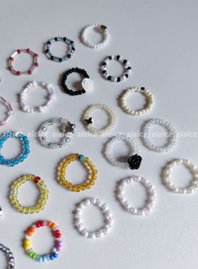 zizicz原创自制串珠弹力戒指多巴胺彩色复古素戒指环叠戴配饰指环