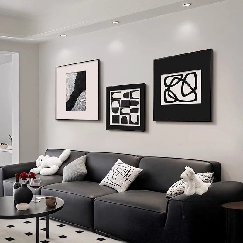 简约现代客厅装饰画高级感沙发背景壁画黑白几何抽象肌理三联挂画,淘宝优惠券,粉丝福利购,淘宝优惠卷