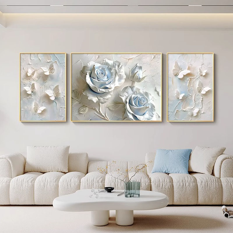 奶油风客厅装饰画高级感三联沙发背景墙面壁画肌理感蝴蝶花卉挂画,淘宝优惠券,粉丝福利购,淘宝优惠卷