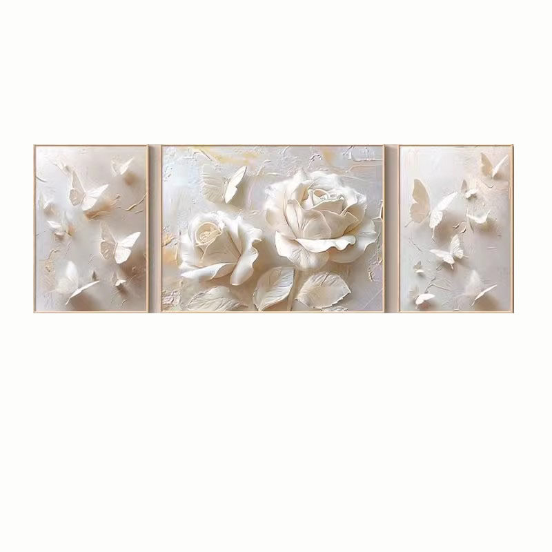 奶油风客厅装饰画高级感三联沙发背景墙面壁画肌理感蝴蝶花卉挂画,淘宝优惠券,粉丝福利购,淘宝优惠卷