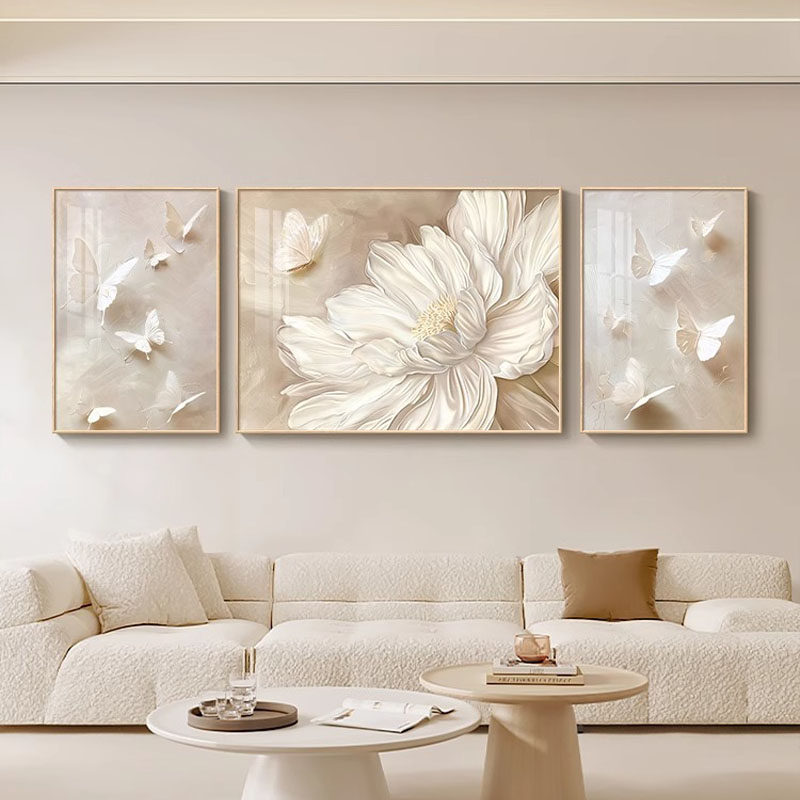 奶油风客厅装饰画高级感三联沙发背景墙面壁画肌理感蝴蝶花卉挂画,淘宝优惠券,粉丝福利购,淘宝优惠卷