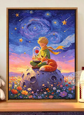 治愈系星空下玫瑰小王子数字油画