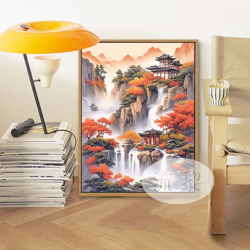 中国风古风建筑秋天山水高级感风景DIY数字油画手工绘涂色装饰画