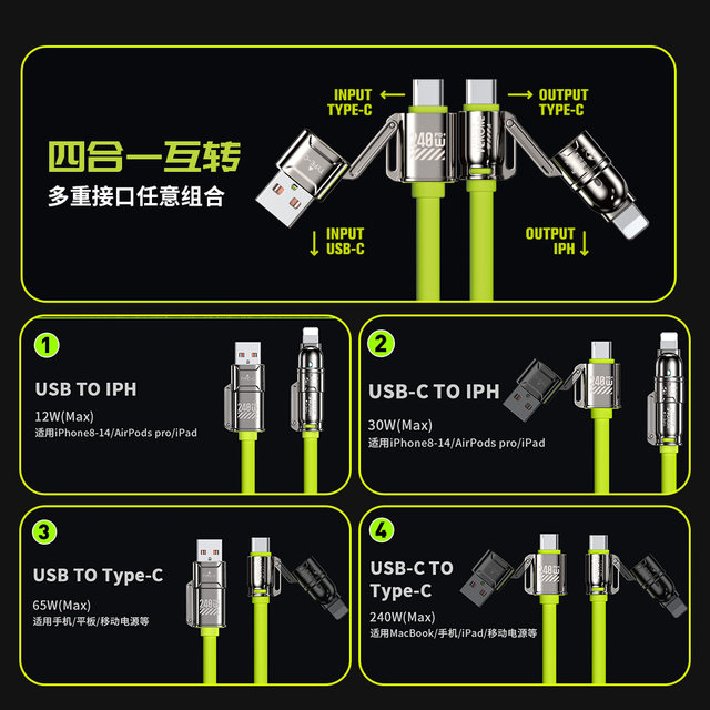 Yi Xingxing 240W four-in-one super fast charging data cable suitable for Apple 16 Huawei Android multi-function PD two-to-two flash charging iPhone 15 car dual Type-C charger portable