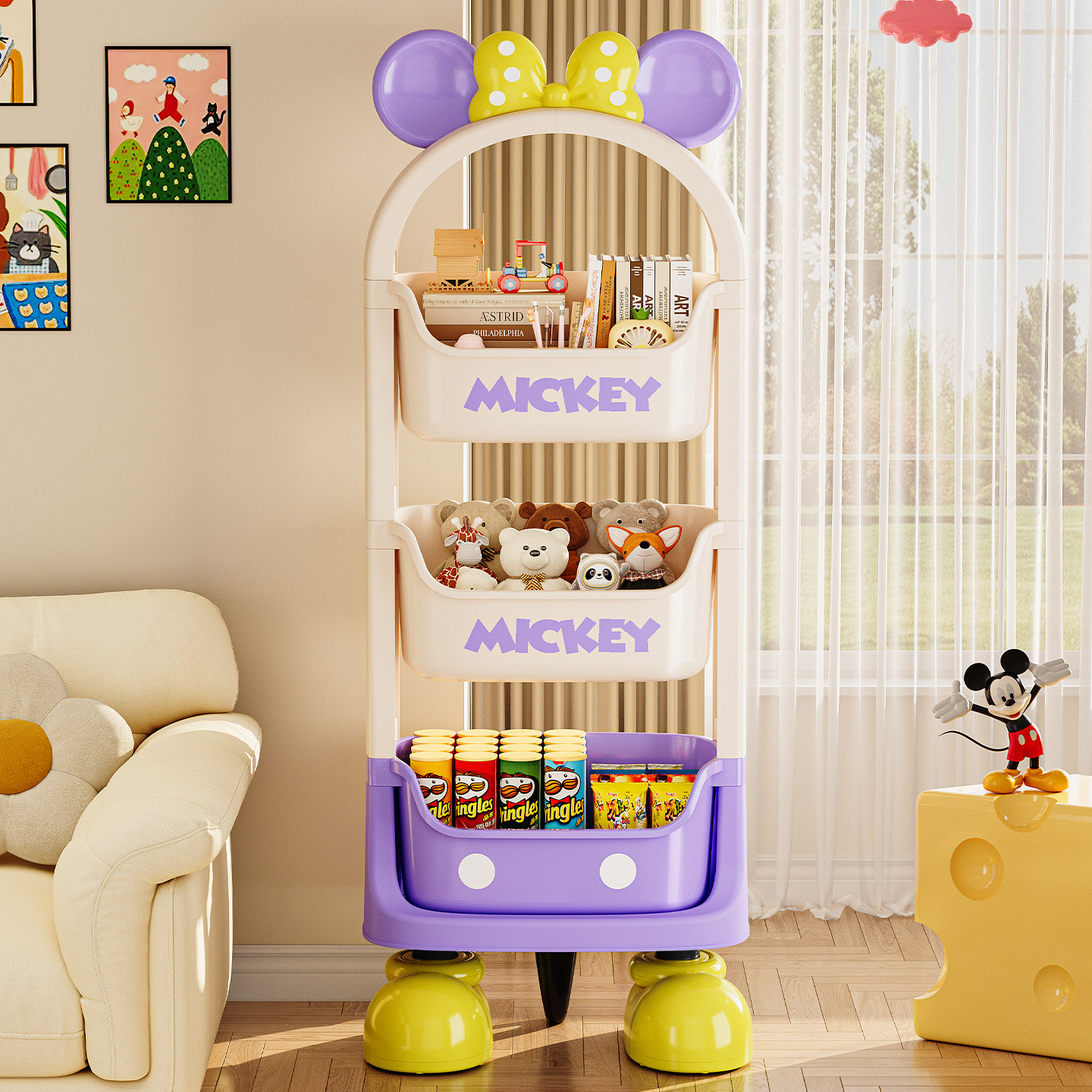 迪士尼米奇零食收纳架客厅置物架家用卧室多层儿童玩具架小推车,淘宝优惠券,粉丝福利购,淘宝优惠卷