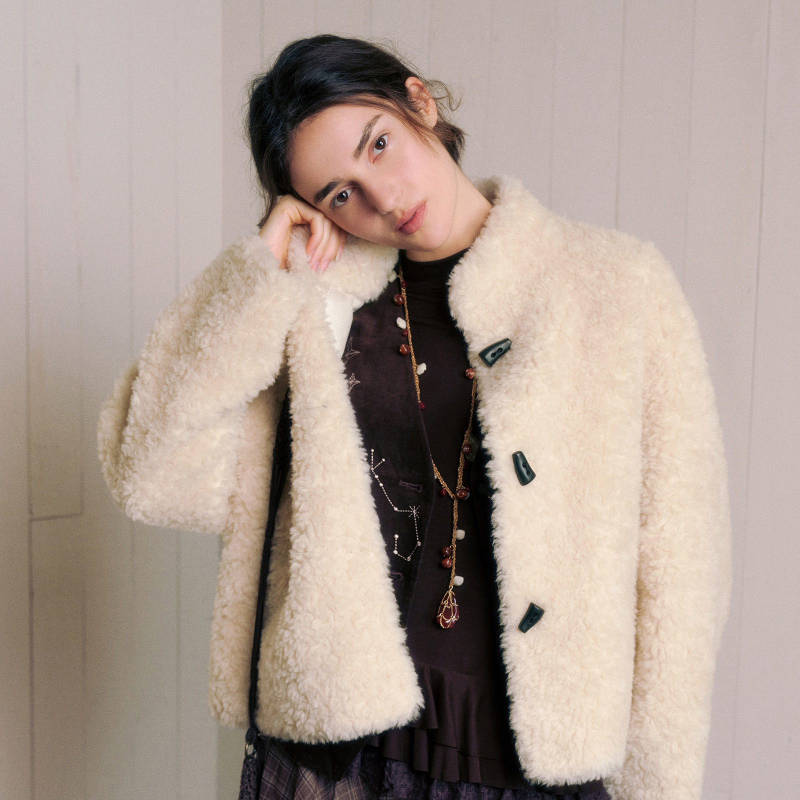 wana try100%绵羊毛立领复合皮毛一体外套25秋新品米色时髦上衣女,淘宝优惠券,粉丝福利购,淘宝优惠卷