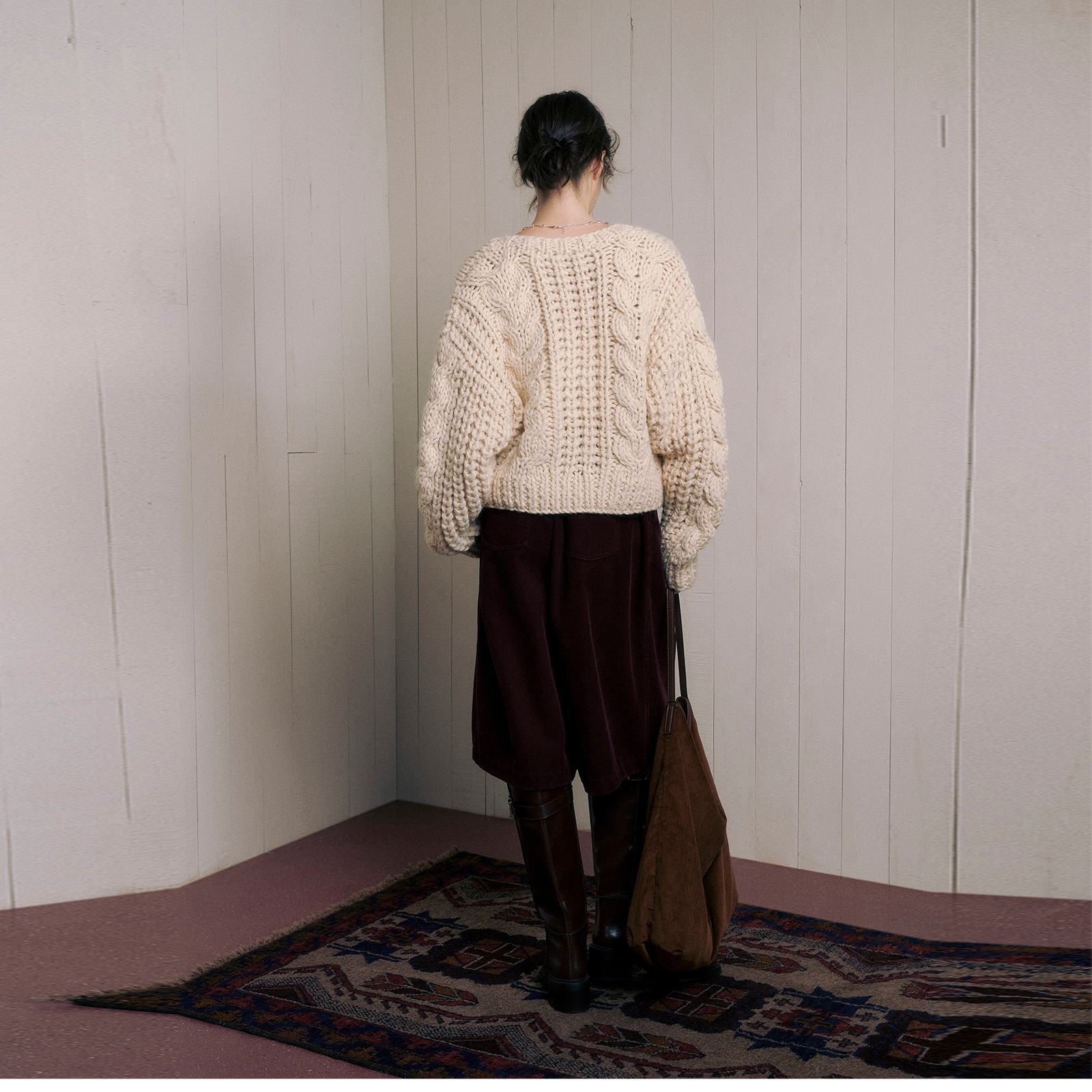 wana try羊毛慵懒粗棒针毛衣开衫25冬新品米白韩系百搭简约上衣女 - 图2