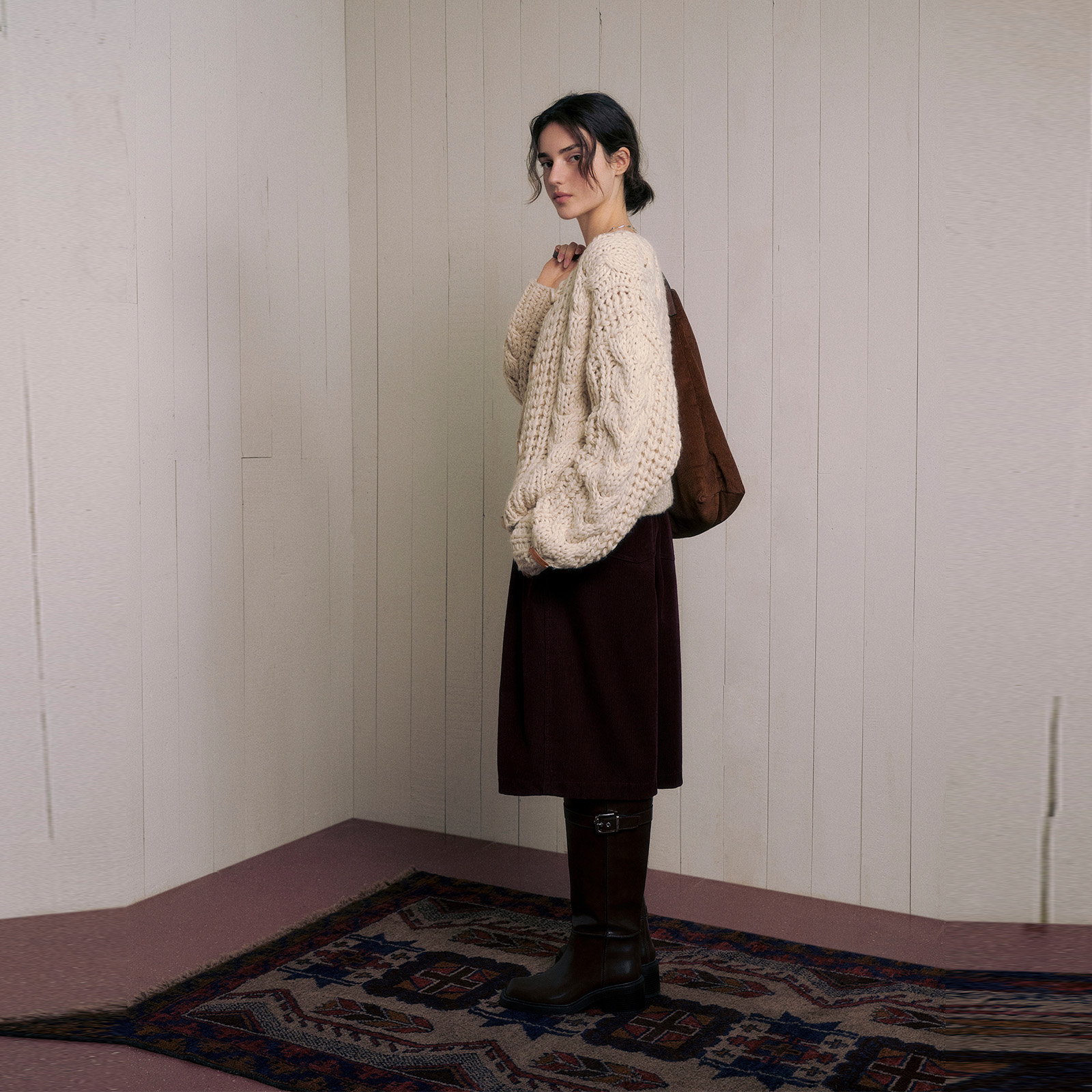 wana try羊毛慵懒粗棒针毛衣开衫25冬新品米白韩系百搭简约上衣女 - 图1