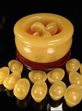 黄玉石聚宝盆摆件天然玉元宝客厅玄关前台收银装饰新中式开业礼品