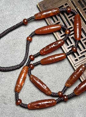 古玩老珠辽金老玛瑙项链手雕镂空双龙头小鱼红玉包浆勒子文玩配饰