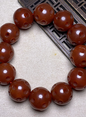 古玩油光老玛瑙镂空圆珠路路通雕刻珠手串红玛瑙佛珠念珠手串