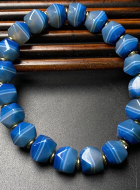 复古天然蓝沁缠丝玛瑙糖八棱方形桶珠时来运转缠丝玛瑙手链手串