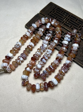 大孔灰白皮老玛瑙鸡骨白文玩古珠串风化钙化六角灯笼珠老玛瑙 108