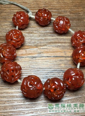 古玩老玛瑙镂空雕双鹤齐鸣珠串红玛瑙红玉髓仿古佛珠念珠手串