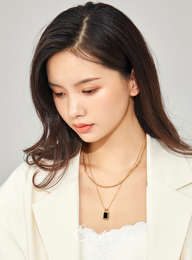黑色方块小众叠戴锁骨链项链