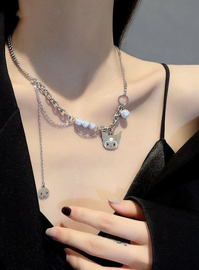 库洛米项链女款高级感珍珠流苏拼接锁骨链钢色学生配饰玉桂吊坠