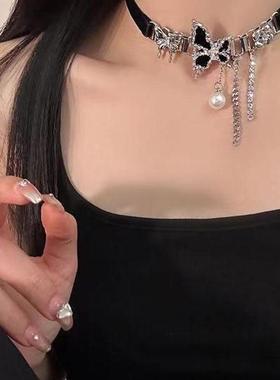 黑色蝴蝶流苏项链女choker项圈颈带美式复古辣妹锁骨链高级感颈链