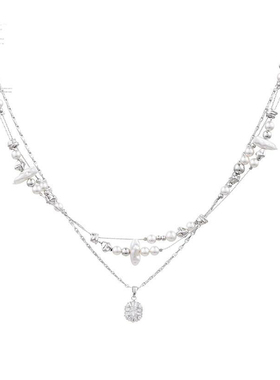 2025新款破碎珍珠双层锁骨链叠戴巴洛克项链多层时尚高级毛衣链