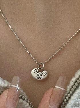 招财转运平安福复古做旧纯银平安锁女款项链长命锁锁骨链元宝吊坠