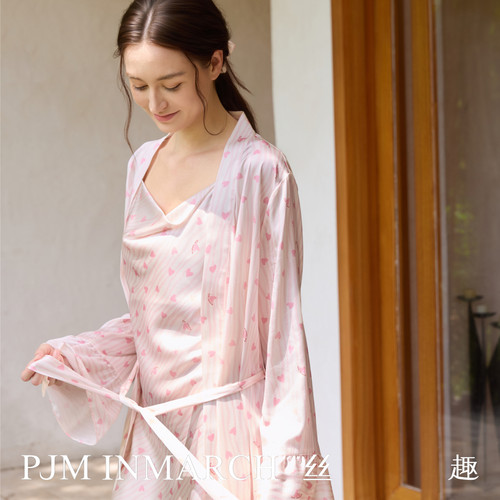 PJM INMARCH法式度假」甜美爱心印花真丝系带睡袍柔软桑蚕丝睡衣 - 图1