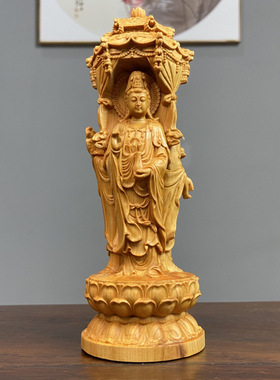 崖柏木雕西方三圣高18cm观音工艺品摆件创意根雕家居饰品客厅