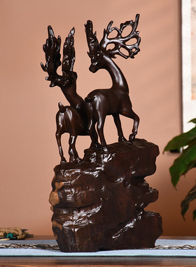 黑檀木雕梅花鹿摆件实木根雕家居客厅装饰红木雕刻工艺品开业