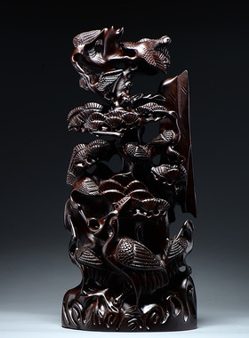 黑檀木雕松鹤延年根雕摆件红木家居客厅装饰品生日贺寿送礼