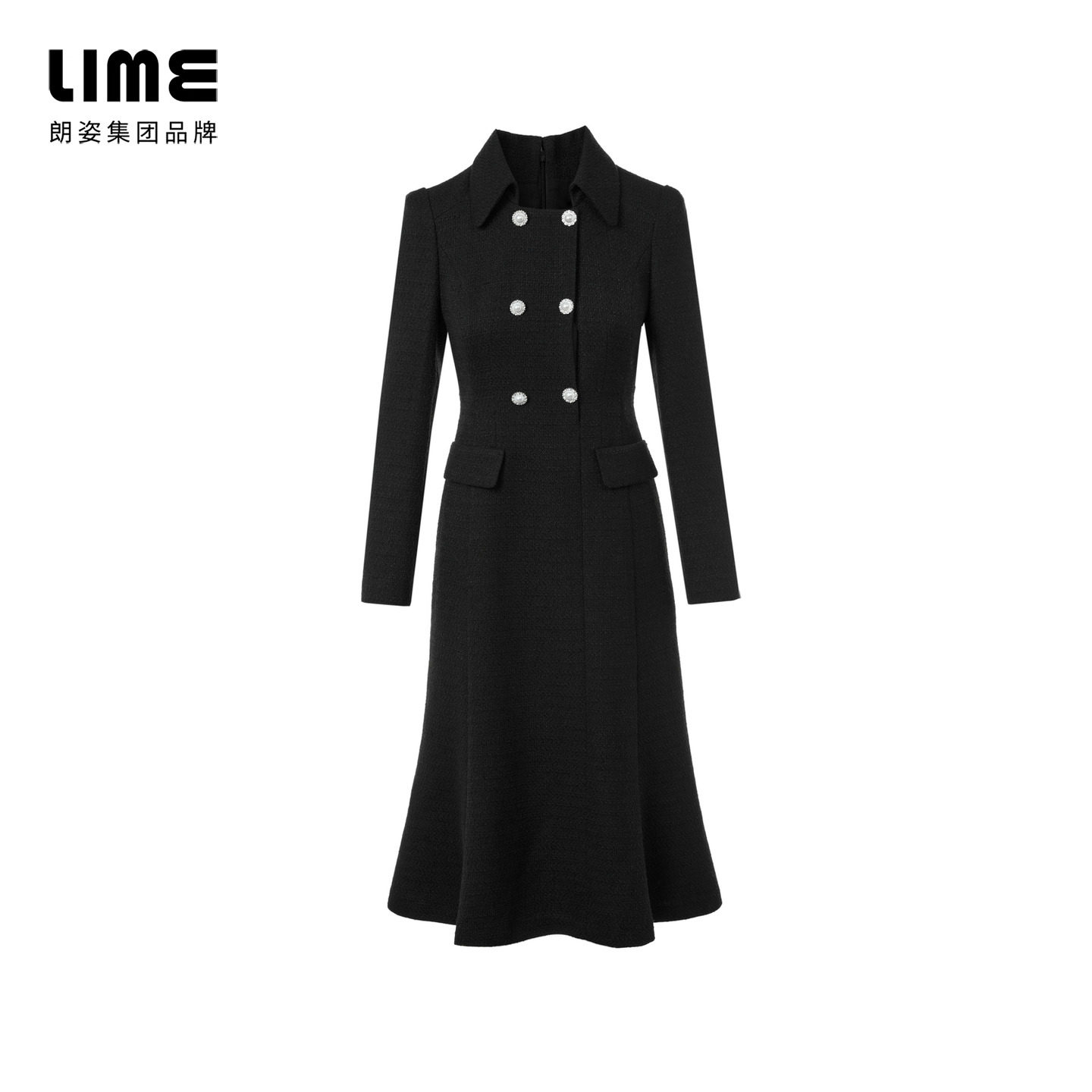 朗姿集团LIME莱茵优雅粗花呢连衣裙黑色假两件翻领收腰鱼尾25冬新,淘宝优惠券,粉丝福利购,淘宝优惠卷