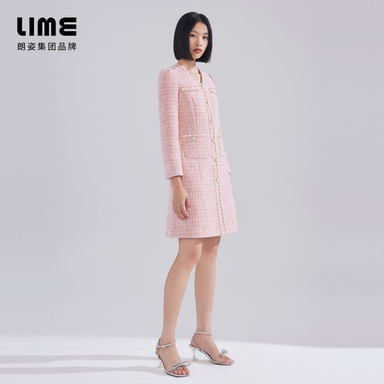 LIME莱茵年早春新款粗花呢连衣裙灰粉色V领收腰名媛小香风A字裙