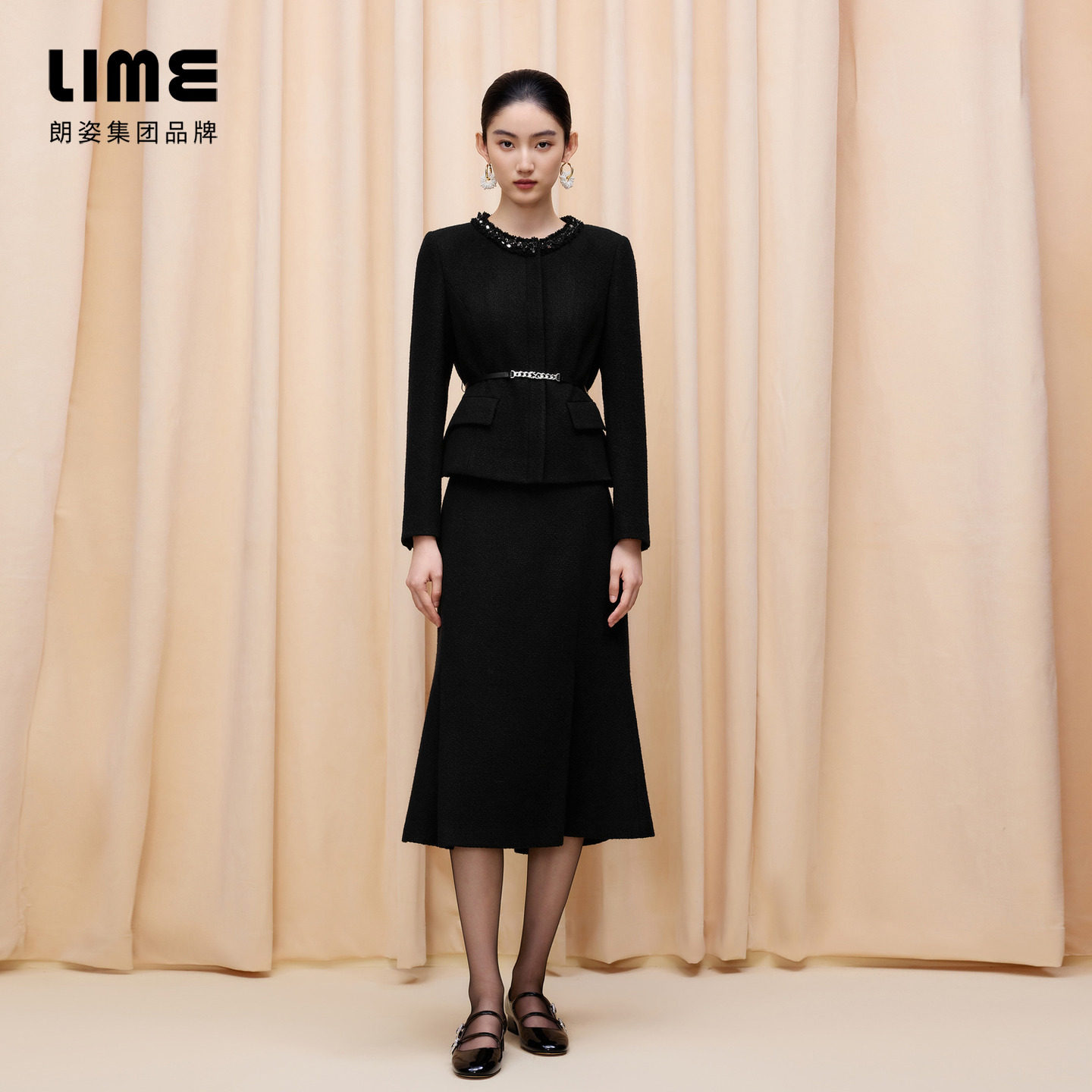 朗姿集团LIME莱茵小香风套装领口重工钉珠气质短上衣高级半裙,淘宝优惠券,粉丝福利购,淘宝优惠卷