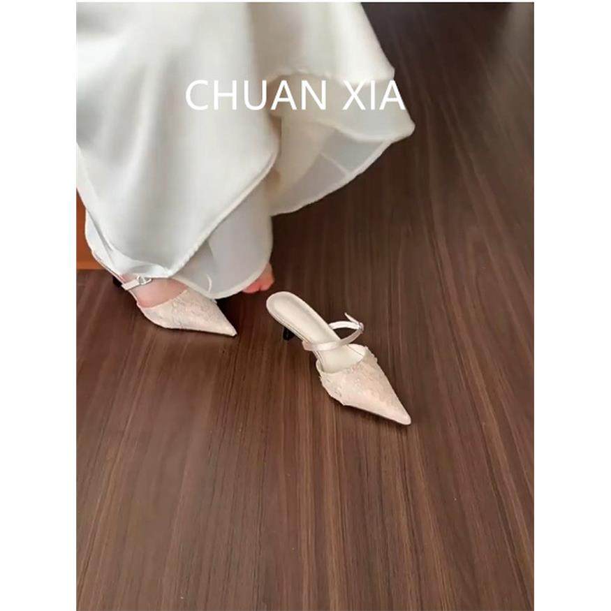 羊皮版！温柔尖头高跟鞋女法式真皮蕾丝单鞋一字带细跟包头凉鞋,淘宝优惠券,粉丝福利购,淘宝优惠卷