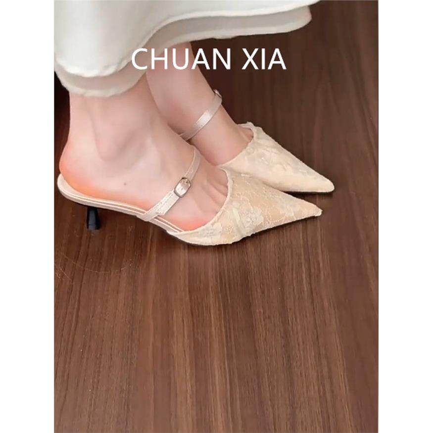 羊皮版！温柔尖头高跟鞋女法式真皮蕾丝单鞋一字带细跟包头凉鞋,淘宝优惠券,粉丝福利购,淘宝优惠卷