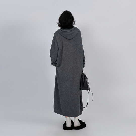 Grey over-knee knitted hooded dress