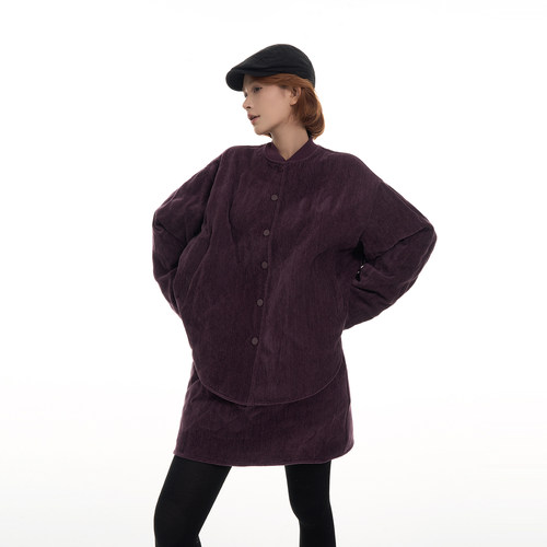 吴童童圆领菱格长袖棉服外套女秋冬韩系宽松显瘦保暖开衫半裙套装 - 图1